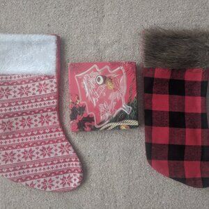 Christmas Tree Savoir Vivre Glass Dish Tray +Large Fur Snowflake Plaid Stockings